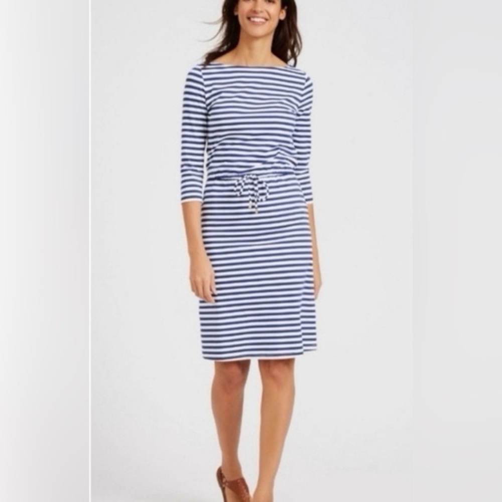 J. McLaughlin Marianne Dress Size M Blue White Tie Waist Catalina Cloth Nautical